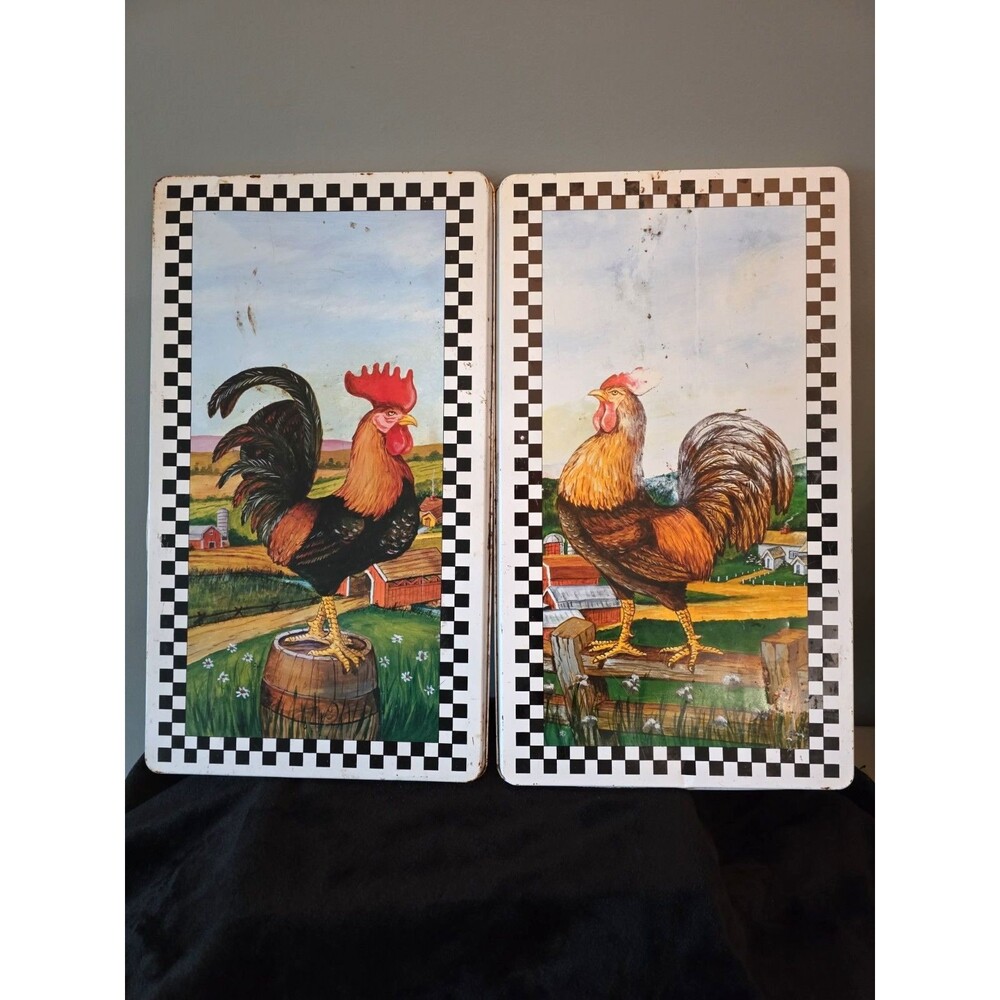 Vintage Pair Of Rooster Country Metal Tin Burner Cover Wall Art for Kitchen 2001